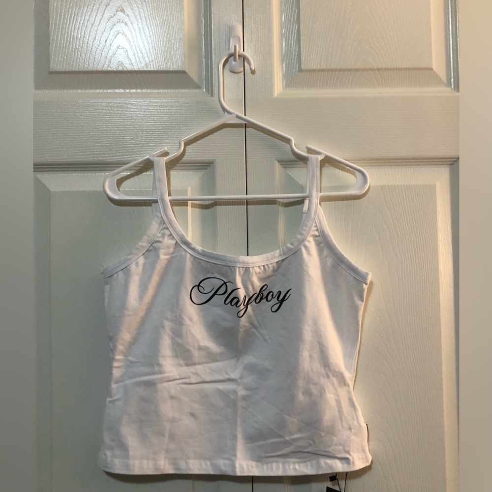 PLAYBOY White Tank Top with Black Script Logo